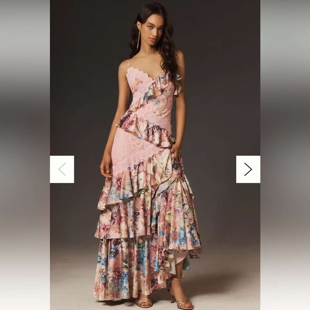 BHLDN Elora Sleeveless V-Neck Ruffle Lace Maxi Dress